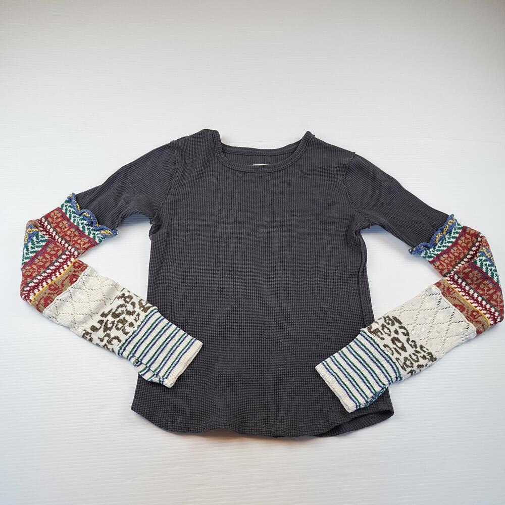 We The Free Shirt Women Large Gray Thermal Waffle Patchwork All In Cuff Boho Top